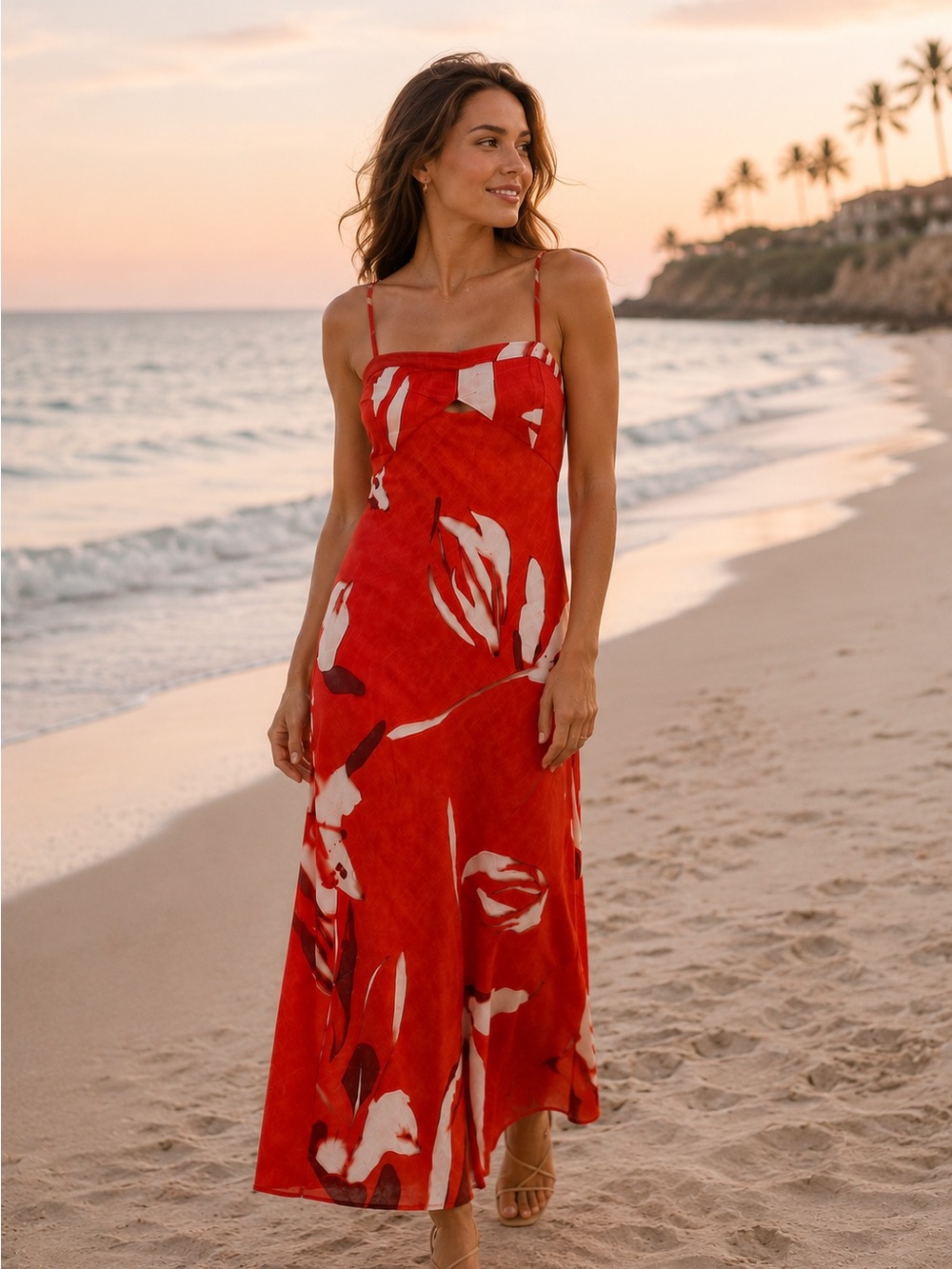 Caroline Constas 🔥 Red and Cream Floral Linen Blend Midi Dress